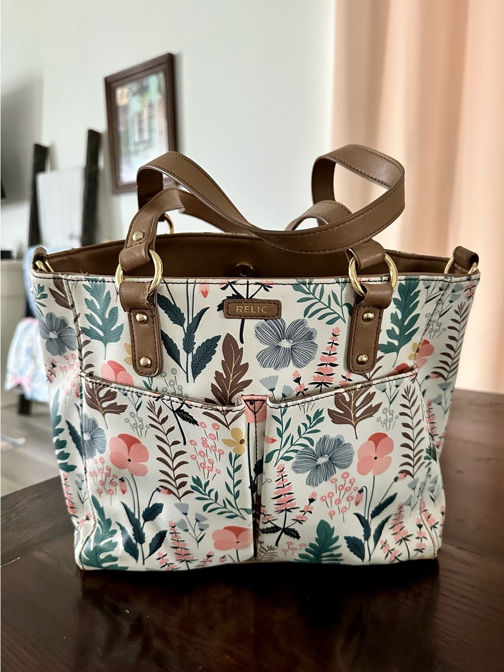 Relic Floral Canvas Tote in Cream, Pink & Green with Tan Handles